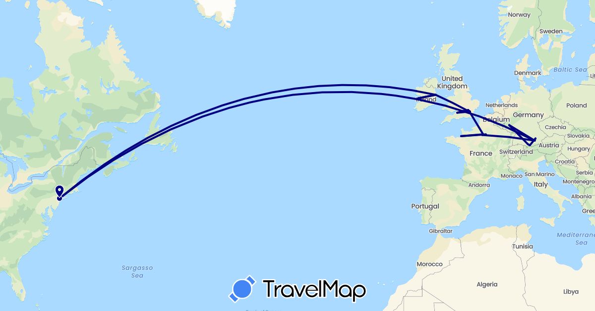 TravelMap itinerary: driving in Germany, France, United Kingdom, Ireland, United States (Europe, North America)